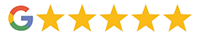 Google five-star rating display with gold stars indicating excellent customer reviews for Spearmint Kids Dental.